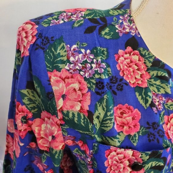 Vintage 80s Blouson Floral Longsleeve Secretary Dress Pockets‎ Blue Sz Small - Picture 3 of 8